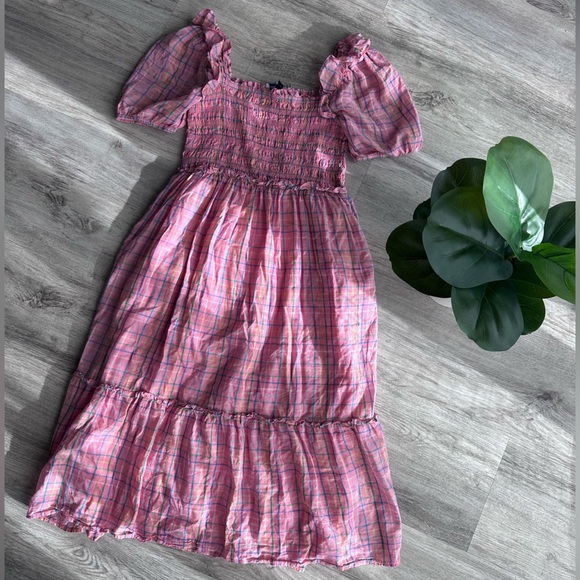 Vineyard Vines‎ Dress Pink Plaid Cotton Smocked Puff Sleeve Dress Girls L (14) - Picture 1 of 8